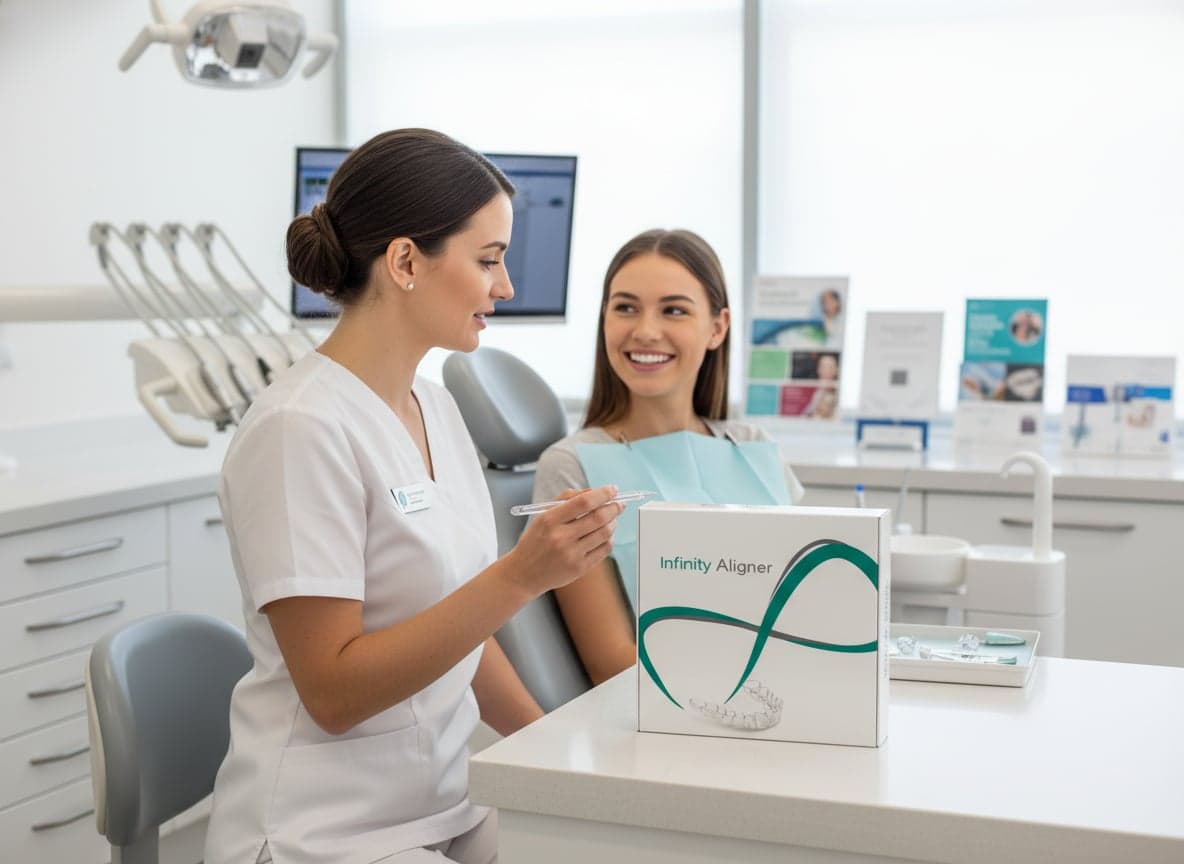 Dentist presenting Infinity Aligner to patient