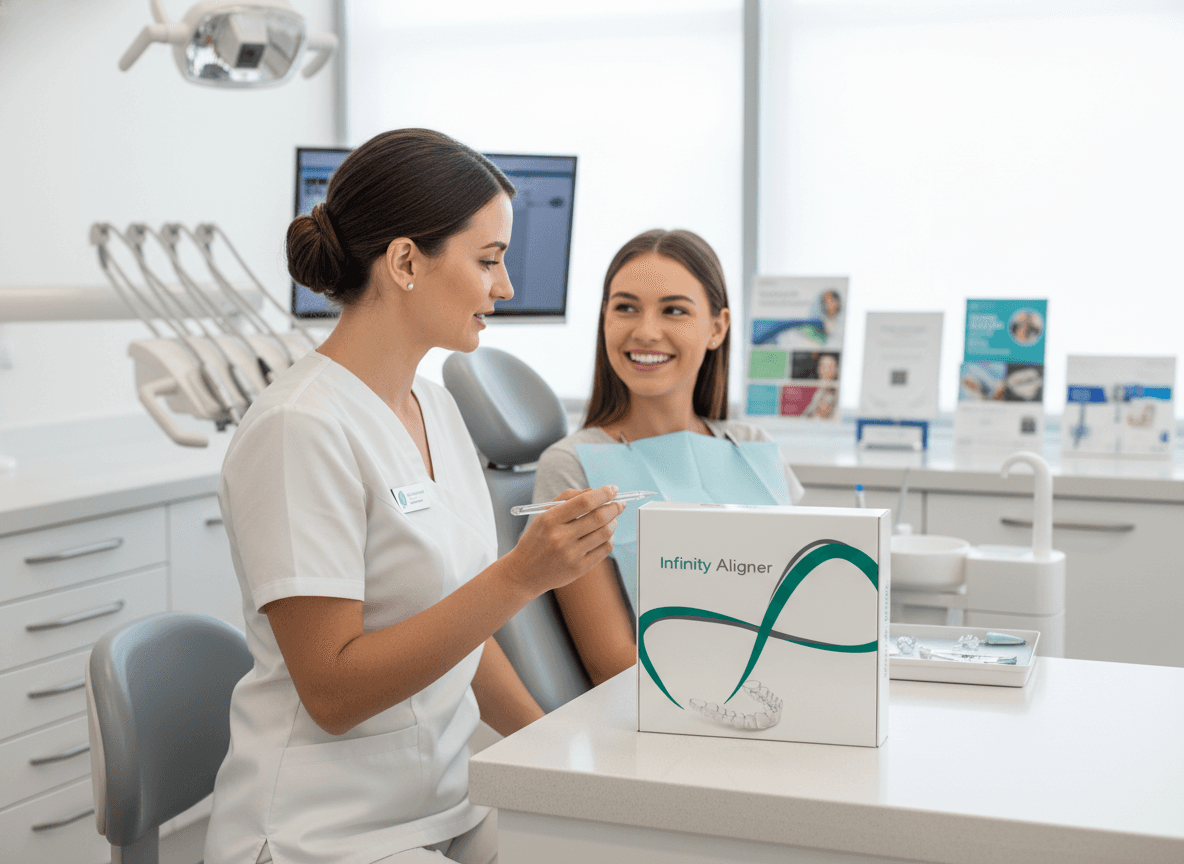 Dentist presenting Infinity Aligner to patient